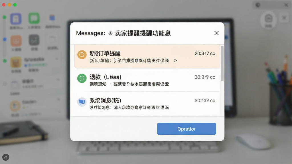 一张展示卖家盒子消息提醒功能的图片,主体是软件的消息通知弹窗界面,布局为居中弹窗、上方标题、中间消息列表、下方操作按钮,排版简洁,风格为轻量级桌面软件风,细节包括新订单提醒、退款通知、系统消息等条目,画质清晰,画面干净,无多余元素