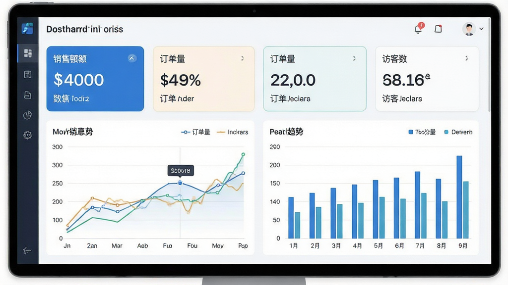 一张展示卖家盒子数据概览功能的图片,主体是软件中的数据仪表盘界面,布局为上方核心指标卡片、下方趋势折线图与柱状图,排版为左右对称,风格为现代数据可视化风格,细节包括销售额、订单量、访客数等数据展示,画质高清,画面干净,无多余元素