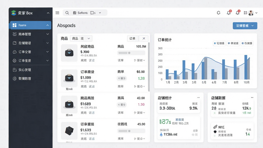 一张软件界面截图风格的图片,主体是卖家盒子软件的主界面,布局为左侧功能导航栏、右侧数据展示区域,排版整齐清晰,风格为现代简约商务风,细节包括商品列表、订单统计图表、店铺数据卡片等元素,画质高清,画面干净,无多余元素