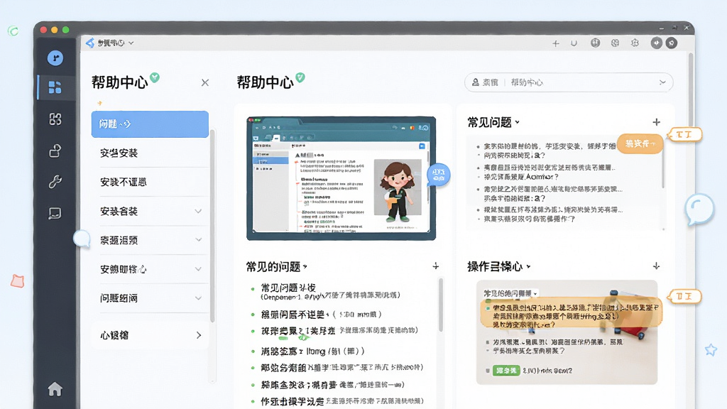 一张展示卖家盒子新手操作指引的图片,主体是软件界面中的帮助中心页面,布局为左侧问题分类、右侧图文教程展示,排版清晰,风格为友好引导风,细节包括安装步骤截图、常见问题列表、操作提示标注,画质高清,画面干净,无多余元素
