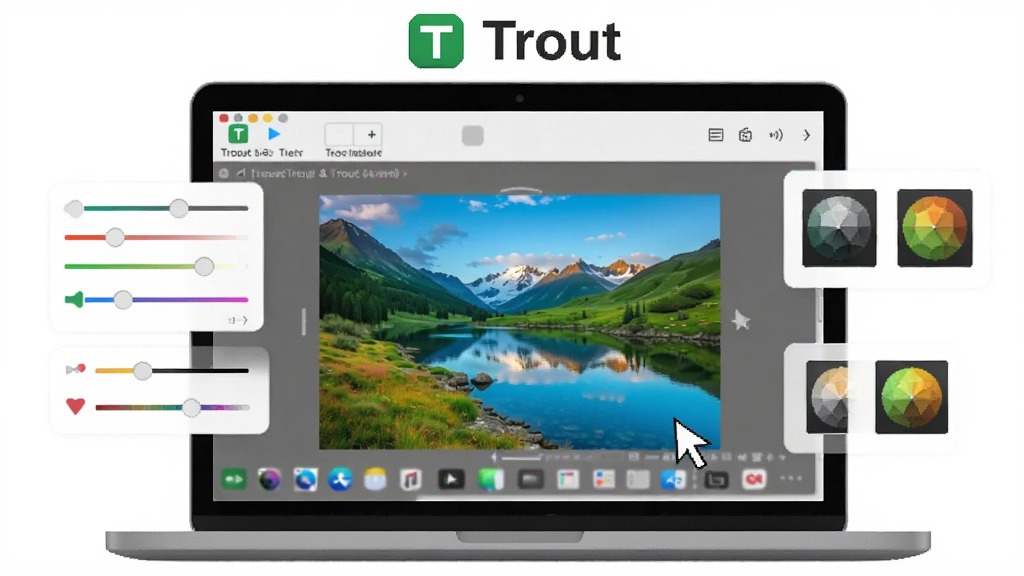 һ���ԡ�Trout����������Ϊ���ĵ�ͼ��༭����ͼ������������һ̨�ʼǱ�������Ļ����Ļ����ʾ Trout ���ڴ���һ��ɫ�����޵ķ羰��Ƭ����ΧƯ���ŵ�ɫ�������˾�ͼ�꣬���־��У��Ű�ɾ������Ϊ��ƽ���Ƽ��廭��ϸ�ڰ������� Logo �������꣬�����������ɾ����޶���Ԫ�ء�