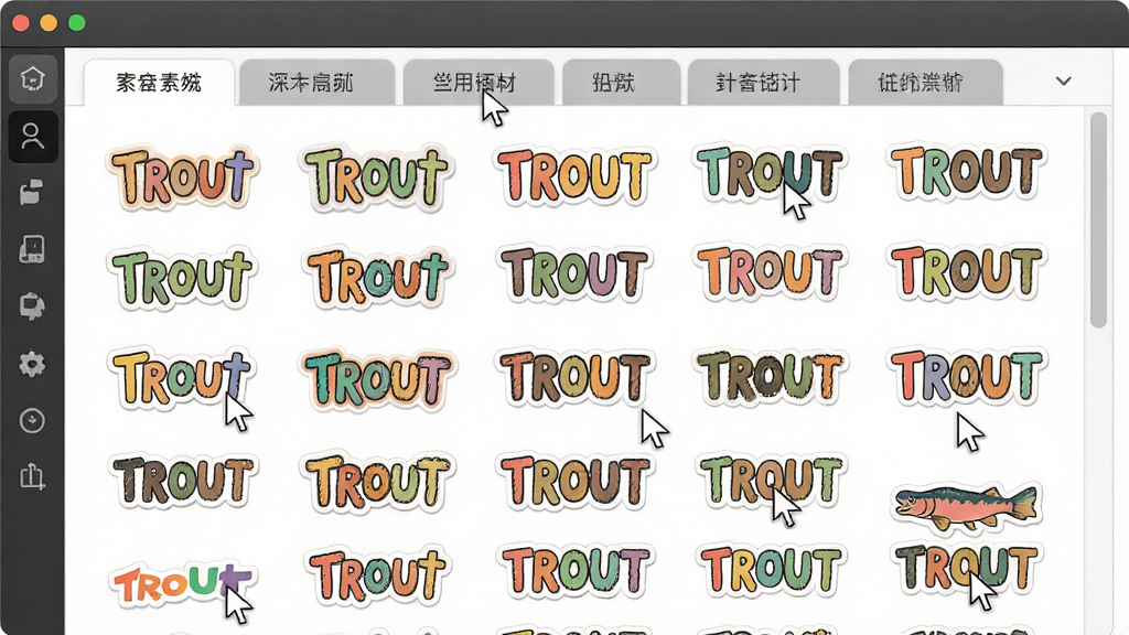һ��չʾ Trout ��������ֽ�زĿ��ͼƬ���������������������е��ز���壬����������Ŷ��ֲ�ɫ��ֽ��������ʽԤ��������Ϊ�����ǩҳ���Ű���ã����Ϊ�������չʾ��ϸ�ڰ�����ק������ز�����ͼ�������������ɾ����޶���Ԫ�ء�