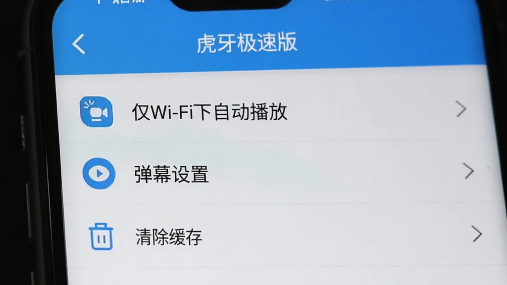 虎牙极速版设置界面截图风格,手机屏幕显示应用内的设置菜单,包含“仅Wi-Fi下自动播放”“弹幕设置”“清除缓存”等选项,界面为蓝白配色,图标简约,画质清晰,无多余元素