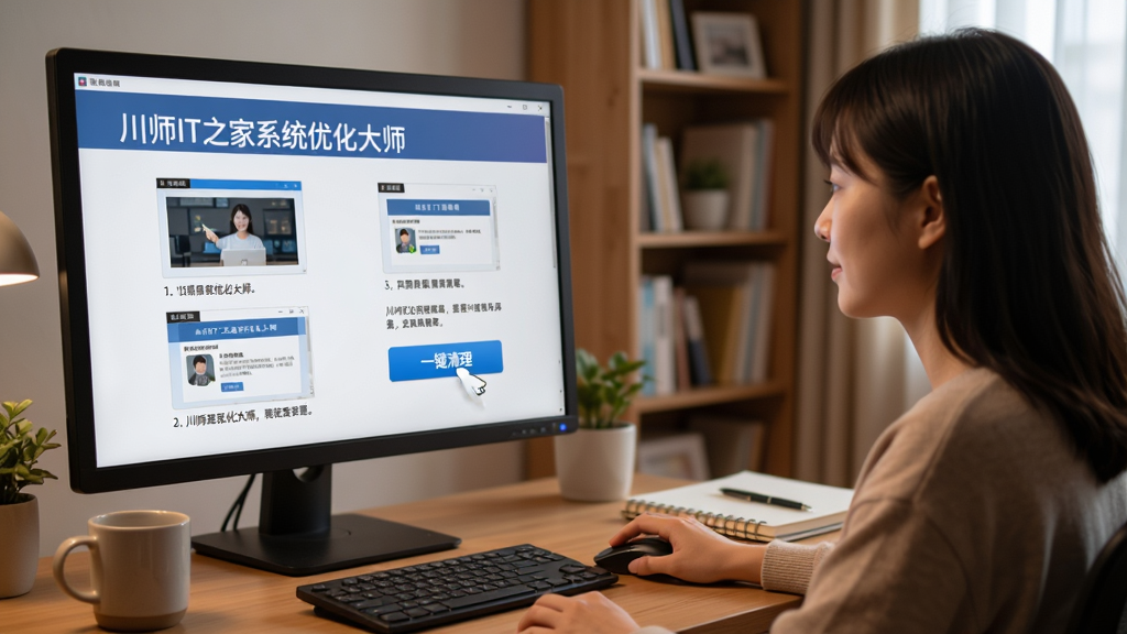 画面展示一位用户坐在电脑前,屏幕上显示“川师IT之家系统优化大师”的使用指南页面,页面中有分步骤的操作截图和文字说明,用户手持鼠标正在点击“一键清理”按钮,背景为家庭书房环境,布局左侧为软件界面右侧为用户侧影,风格写实温馨,细节包括桌面上的水杯和笔记本,画质高清干净无多余元素