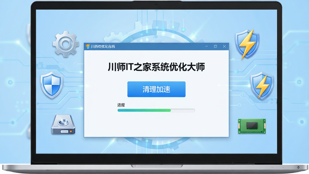 主画面展示一台运行流畅的Windows笔记本电脑,屏幕中央显示一款系统优化软件界面,界面标题清晰写着“川师IT之家系统优化大师”,界面内有清理加速按钮和进度条,周围环绕齿轮、盾牌、闪电等优化图标,背景为浅蓝色科技风格,布局居中对称,风格简洁清爽,细节包括磁盘图标和内存条图标,整体画质高清干净无多余元素