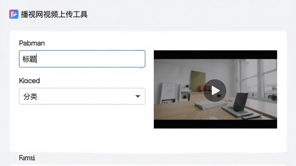 播视网视频上传工具信息编辑界面,表单填写区域清晰,包含标题输入框和分类下拉菜单,旁边有视频缩略图预览,界面干净,浅色背景,布局合理,画质清晰,无多余装饰