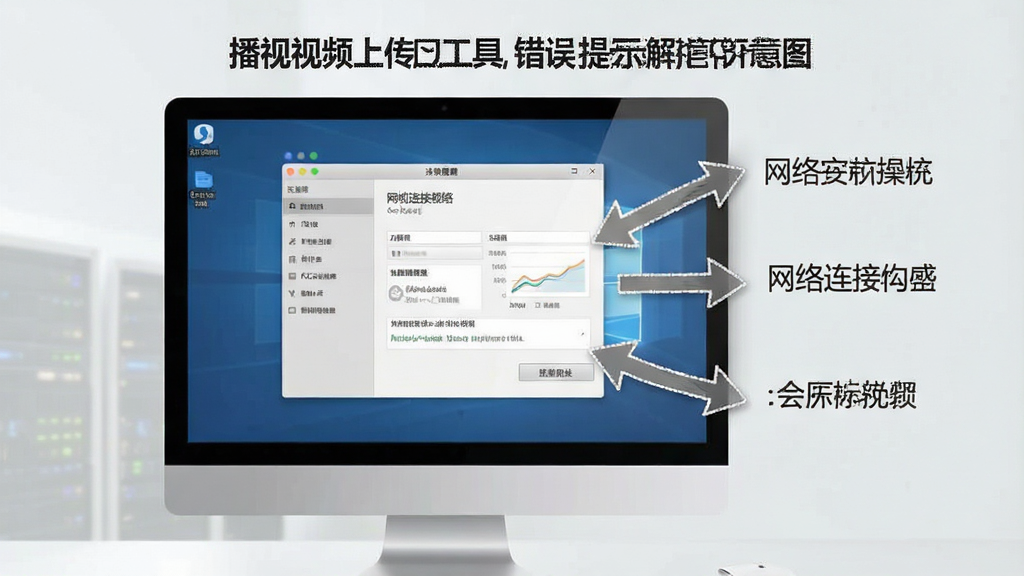 播视网视频上传工具错误提示解决示意图,电脑屏幕上显示网络连接设置窗口,旁边有操作步骤箭头标注,简洁教程风格,浅灰色背景,布局清晰,画质干净,无多余元素