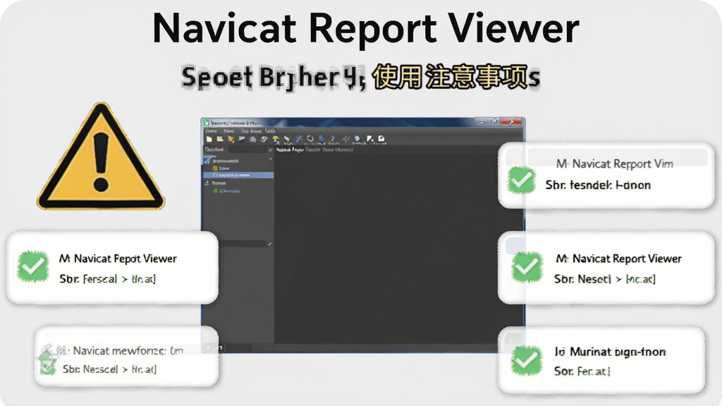 一张关于Navicat Report Viewer新手使用注意事项的提示图,画面主体是一个软件界面窗口,窗口旁边有一个警告标志和多个带有勾选标记的提示框,布局为居中构图,风格为信息图表风格,细节上警告标志为黄色三角形,提示框为白色圆角矩形带浅灰色边框,背景为浅灰色,画质清晰,干净,无多余元素