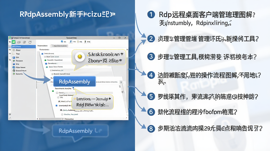 远程桌面客户端管理工具RdpAssembly新手操作流程图解,主体为软件界面截图配合步骤标注,布局为左右分栏左侧界面右侧文字说明,排版清晰条理分明,风格为教程图解风格,细节包含序号箭头、高亮按钮与提示气泡,画质高清,画面干净,无多余元素