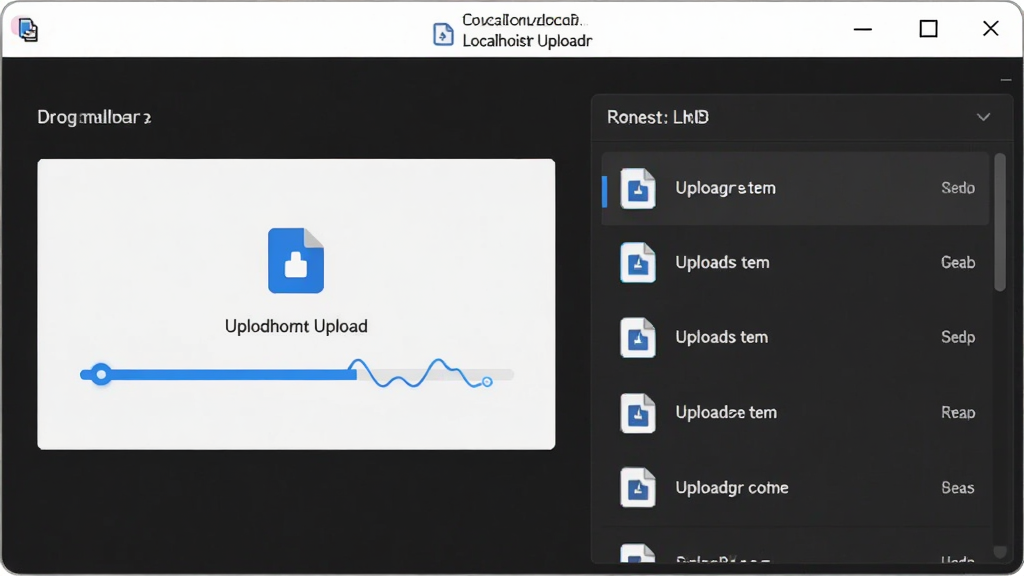 Localhostr Uploadr 软件界面展示,主体为一个简洁的窗口,布局包含拖拽上传区域和文件列表,排版清晰,风格为现代极简科技风,细节包括蓝色的上传进度条和文件图标,画质高清,干净,无多余元素