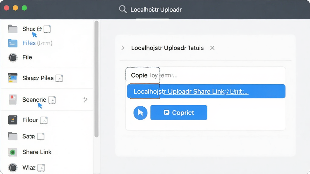 Localhostr Uploadr 功能展示图,主体为软件自动生成分享链接的界面,布局为左侧文件列表右侧链接复制框,排版简洁,风格为扁平化设计,细节包括高亮的复制按钮和链接文字,画质清晰,干净,无多余元素
