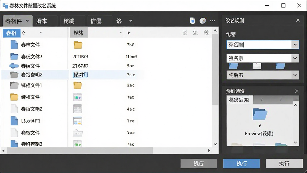 春林文件批量改名系统软件界面全景展示,画面中央为主操作窗口,左侧为文件列表区,右侧为改名规则设置面板,底部为执行按钮,整体布局清晰,排版规整,风格为现代简约商务风,细节包括文件图标、输入框、下拉菜单、预览区域,画质高清,干净,无多余元素