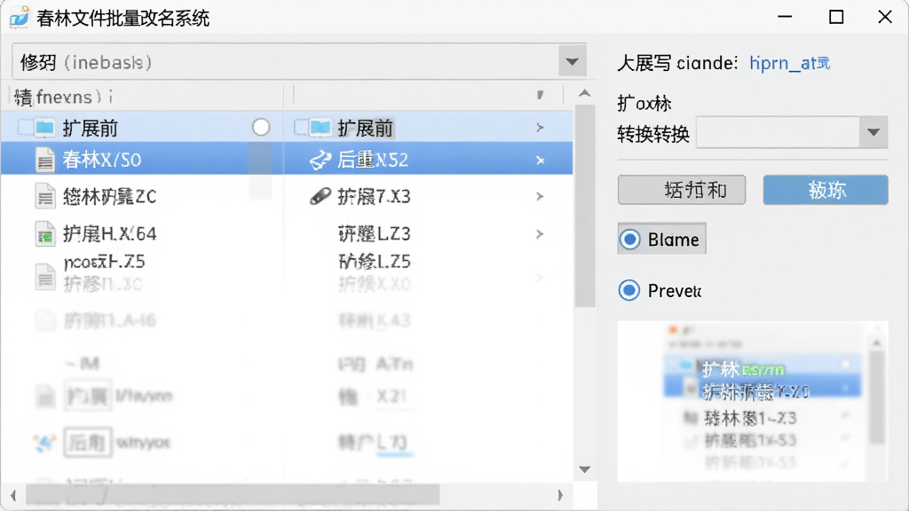 春林文件批量改名系统扩展名与大小写调整功能截图,画面展示软件界面中的扩展名选项与大小写转换按钮,文件列表显示修改前后的扩展名对比,布局为左侧文件区、右侧选项区,排版简洁,风格为浅灰质感,细节包括下拉菜单、单选按钮、预览效果,画质清晰,干净,无多余元素