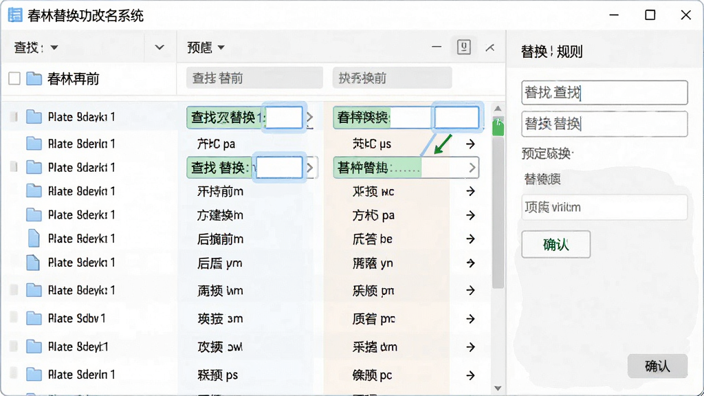 春林文件批量改名系统批量替换功能演示图,画面主体为软件操作界面,重点突出查找与替换输入框,文件列表展示替换前后的对比效果,布局为左侧文件列表、右侧规则面板,排版整齐,风格为清爽浅色,细节包括高亮显示的替换字符、预览箭头、确认按钮,画质清晰,干净,无多余元素