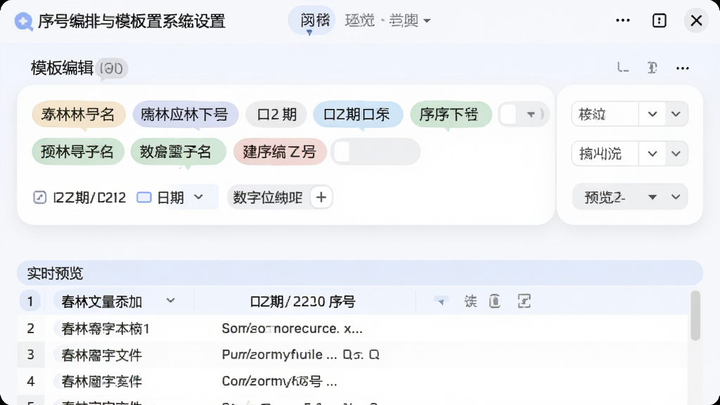 春林文件批量改名系统序号编排与模板设置界面,画面中央为模板编辑区,展示文字、日期、序号等变量标签,下方为实时预览列表,布局为上下结构,排版清晰,风格为柔和圆角,细节包括拖拽式变量添加、数字位数选择器、预览文件名变化,画质高清,干净,无多余元素
