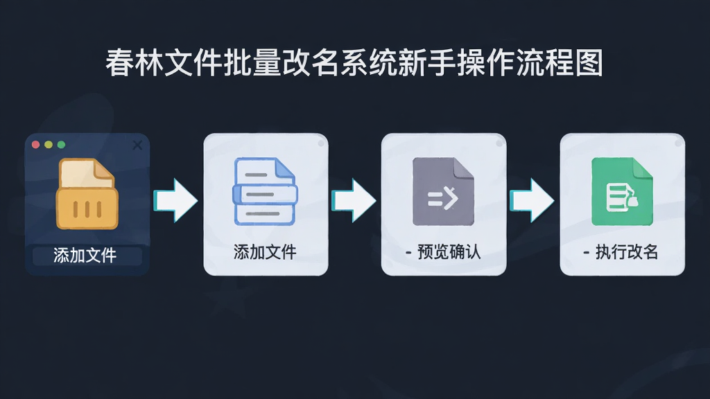 春林文件批量改名系统新手操作流程图,画面以步骤形式展示添加文件、设置规则、预览确认、执行改名四个阶段,布局为横向流程图,排版清晰,风格为扁平化插画,细节包括软件图标、箭头指引、文件图标,画质高清,干净,无多余元素