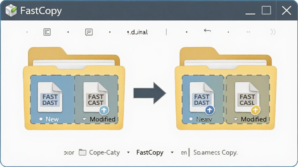 һ��չʾFastCopy���츴�ƹ��ܵ�ʾ��ͼ�������������ļ��в��У��м��м�ͷָ��ֻ������ʾ�������޸ĵ��ļ������ƹ�ȥ���������࣬����