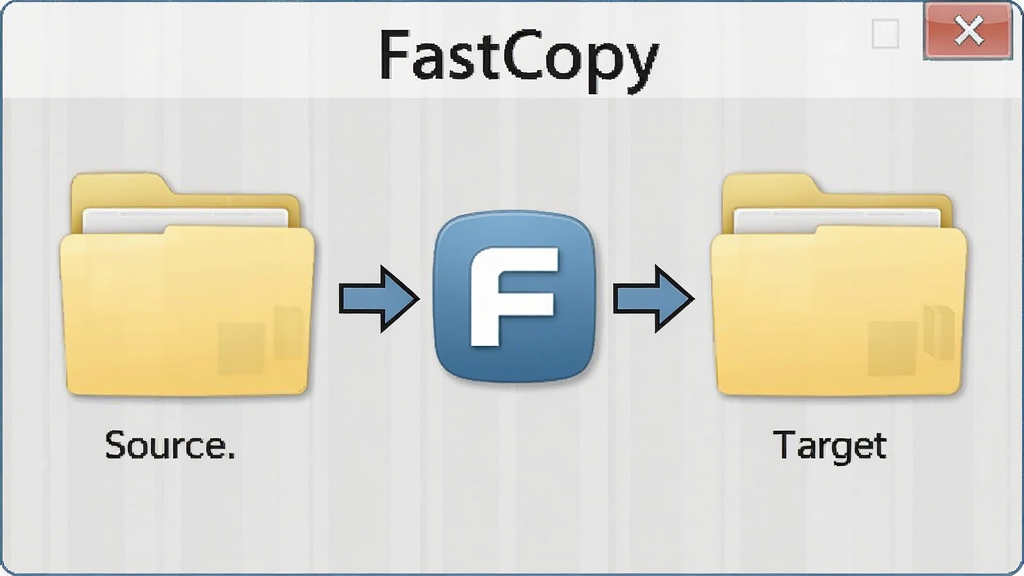 һ��չʾFastCopy�������̵�ʾ��ͼ���������������Դ�ļ��У��Ҳ���Ŀ���ļ��У��м��м�ͷ��FastCopyͼ�꣬�������࣬����
