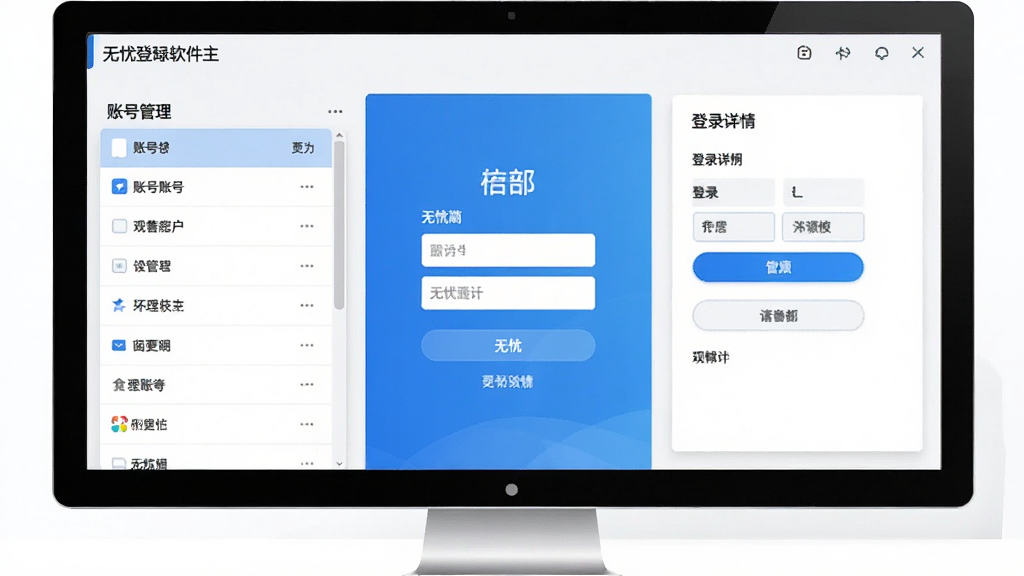 一张展示无忧登陆软件主界面的图片,画面中央是简洁的登录管理面板,左侧为账号列表,右侧为登录详情,整体布局清晰,风格现代简约,色调以蓝白为主,画质清晰,干净无多余元素