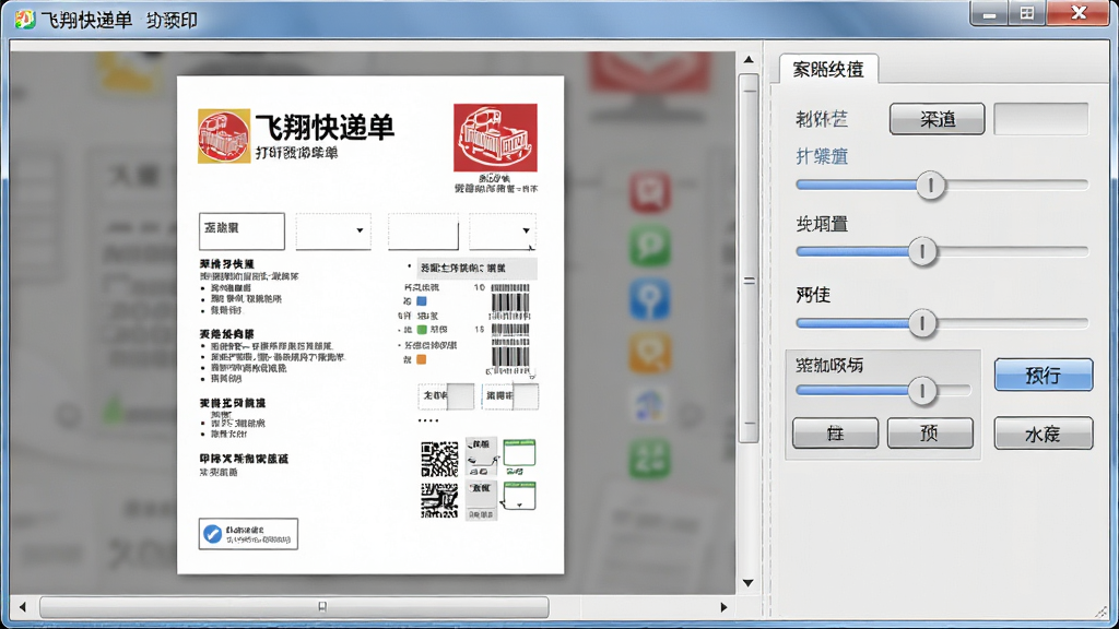 一张展示飞翔快递单打印软件打印预览与设置界面的图片,画面左侧为快递单预览图,右侧为打印机参数调节滑块和按钮,布局左右分栏,风格为拟物化软件界面风格,细节包括清晰的打印预览内容和调节控件,画质清晰干净,无多余元素