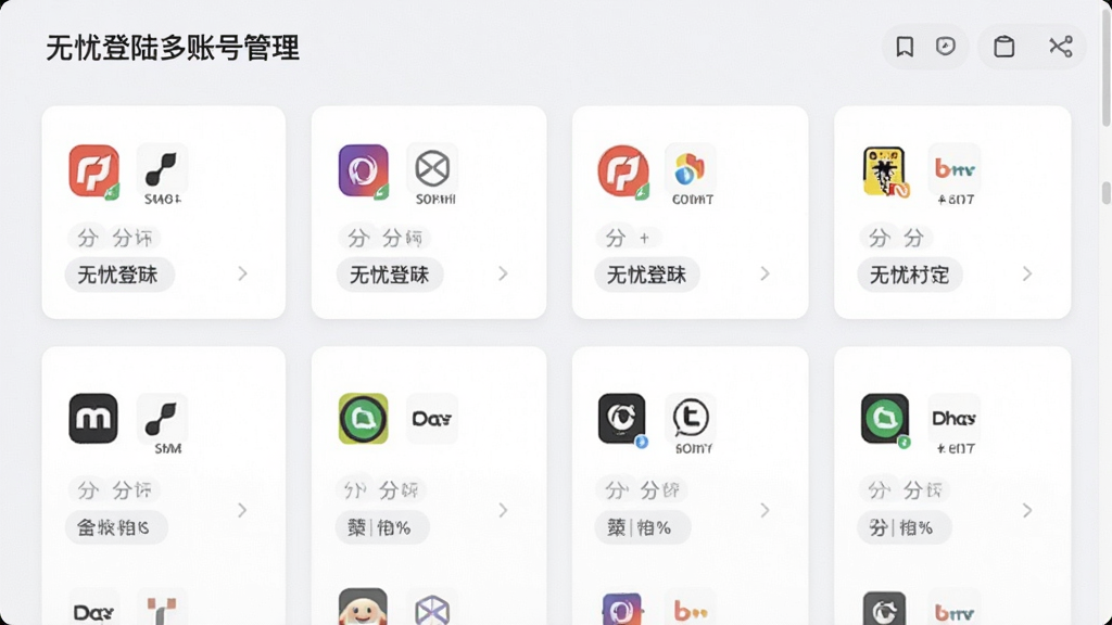 一张展示无忧登陆多账号管理界面的图片,画面中排列着多个账号卡片,每个卡片上标注着不同的平台图标和分组标签,界面风格清爽,布局整齐,色调柔和,画质清晰,干净无多余元素