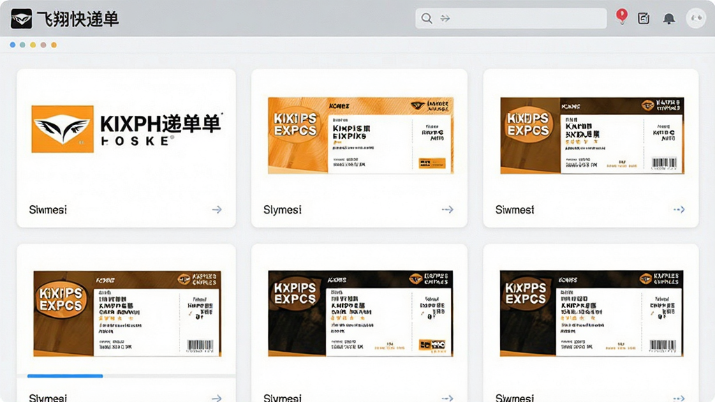 一张展示飞翔快递单打印软件多快递模板选择界面的图片,画面中排列着多家快递公司的Logo和对应面单缩略图,布局为网格状,风格为简洁明快的UI展示风格,细节包括清晰的快递标识和面单预览小图,画质清晰干净,无多余元素