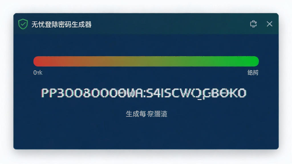 一张展示无忧登陆密码生成器界面的图片,画面中央是一个密码强度进度条,从红色到绿色渐变,旁边显示着生成的复杂密码字符,界面设计简洁,风格偏向安全工具,色调以深蓝和绿色为主,画质清晰,干净无多余元素