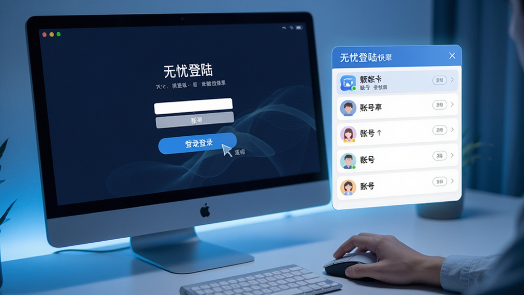 一张展示无忧登陆一键登录操作场景的图片,画面中一只手握着鼠标点击屏幕上的登录按钮,屏幕旁边悬浮着无忧登陆的快捷面板,面板上显示着账号列表,整体风格科技感十足,色调偏冷,画质清晰,干净无多余元素