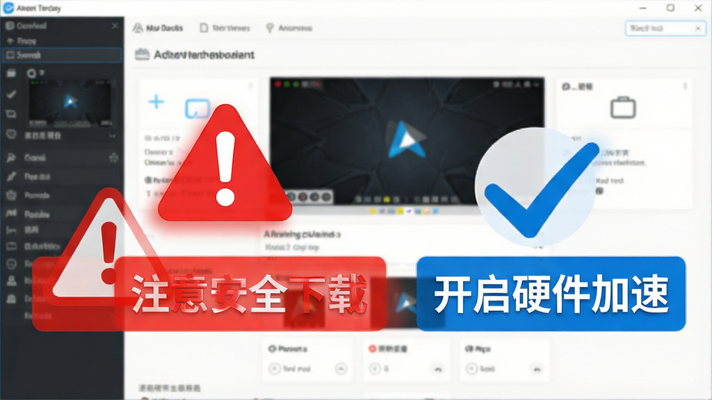 一张展示A视频转换器新手操作注意事项的图片,画面以软件界面为背景,前方叠加红色警告图标和文字“注意安全下载”,旁边有蓝色对勾图标和文字“开启硬件加速”,风格信息图,布局清晰,细节包括图标和简短文字,画质高清,干净无多余元素