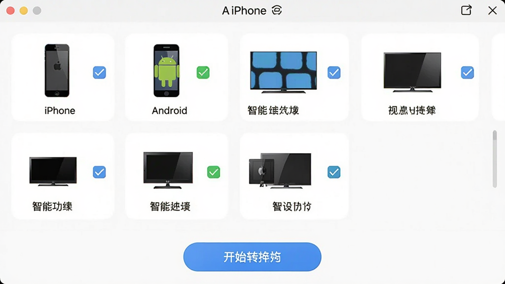 一张展示A视频转换器设备预设功能的图片,画面中软件界面显示多个设备图标如iPhone、安卓手机、智能电视,每个图标旁有勾选状态,界面下方有开始转换按钮,背景为白色简洁风格,布局清晰,细节包括设备名称文字,画质高清,干净无多余元素