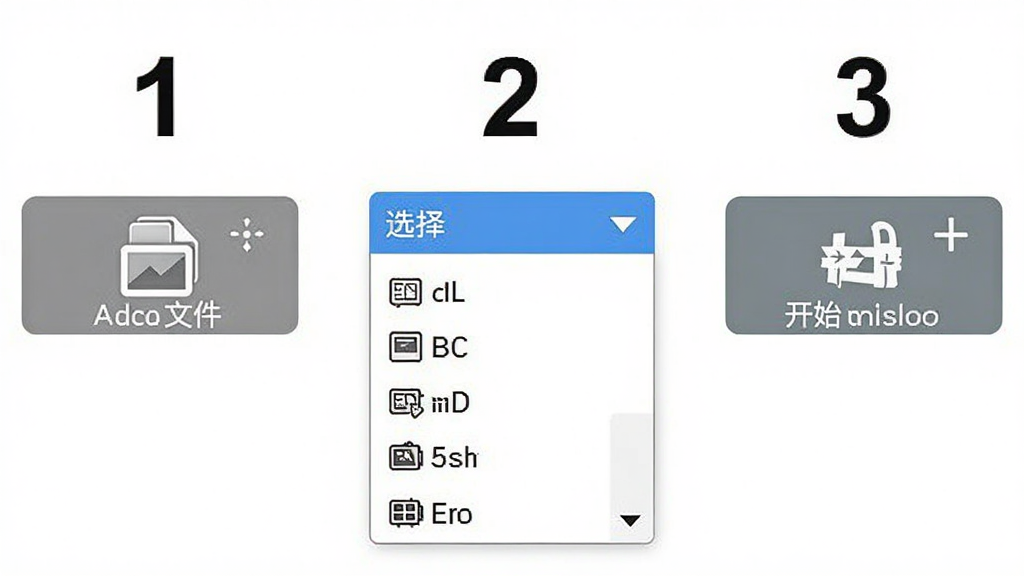 一张展示A视频转换器三步操作界面的图片,画面从左到右依次为添加文件按钮、格式选择下拉菜单、开始转换按钮,用数字1、2、3标注步骤,背景为纯净白色,风格极简,细节包括按钮文字和图标,画质高清,干净无多余元素