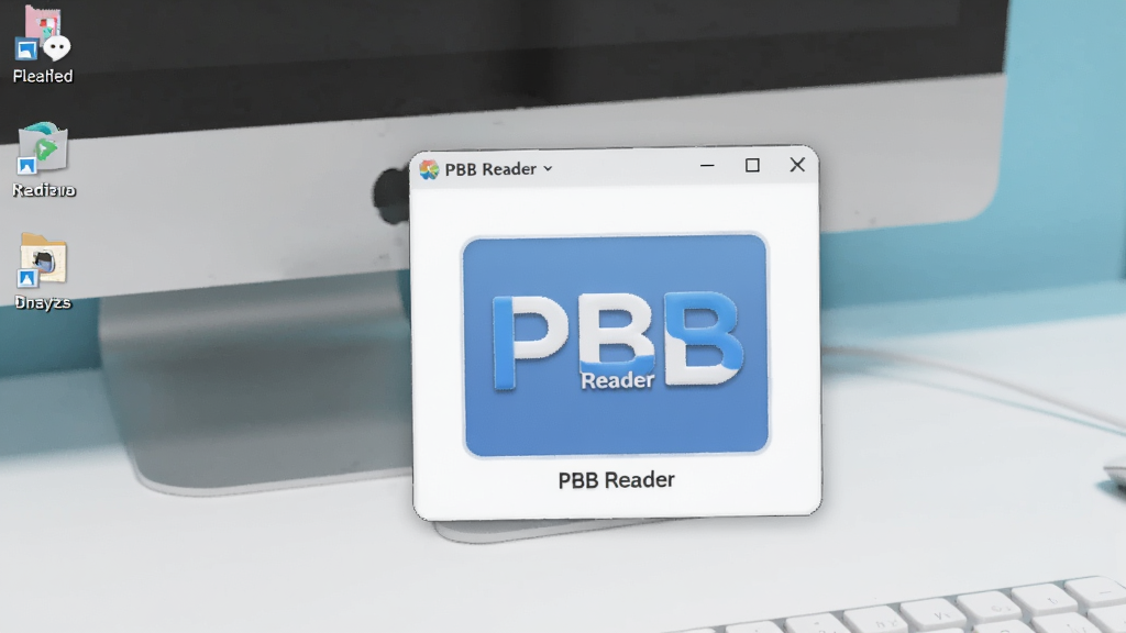 一张展示 PBB Reader 在电脑桌面上轻量运行的图片,画面中软件窗口小巧精致,旁边有电脑桌面图标,整体风格清爽简约,画质清晰,无多余元素