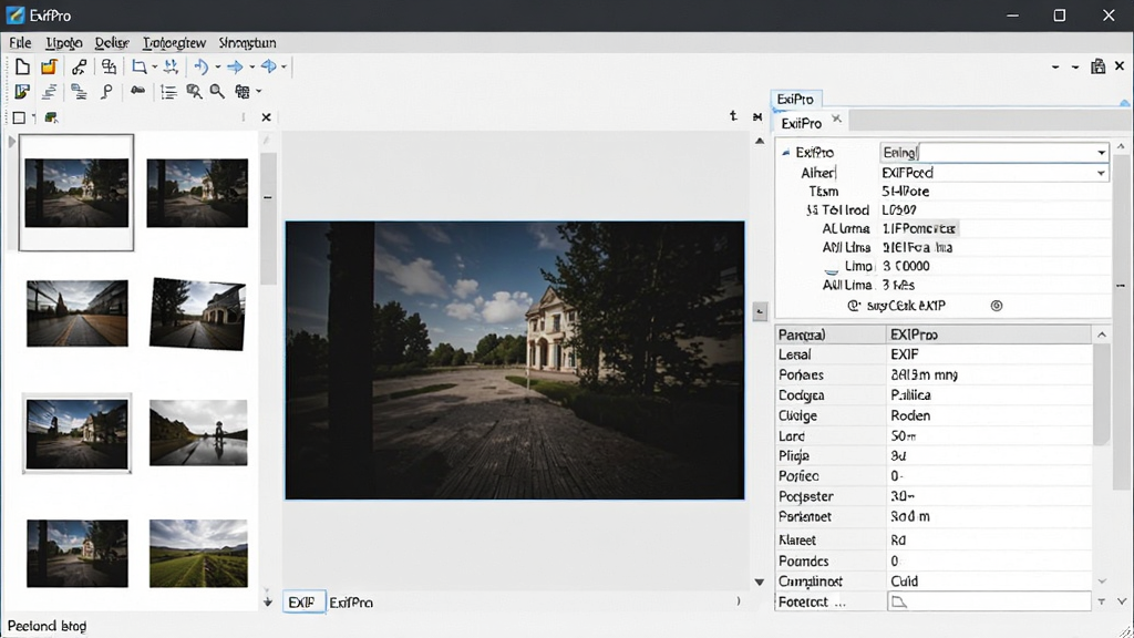一张展示ExifPro软件界面的图片,主体是电脑屏幕,屏幕上显示ExifPro软件窗口,窗口中左侧是图片缩略图列表,右侧是照片的EXIF参数信息面板,布局清晰,排版整齐,风格为现代简约的软件截图风格,细节包括菜单栏、工具栏、图片预览区、参数表格,画质清晰,干净,无多余元素