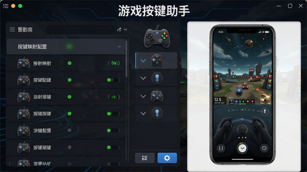 一张展示游戏按键助手软件界面的整体概览图,画面中央是软件主界面,左侧显示按键映射配置列表,右侧展示手机屏幕镜像预览区域,界面上方有“游戏按键助手”文字标识,整体布局清晰,采用深色科技风格,细节包括按键图标、连接状态指示灯、功能按钮,画质清晰,干净,无多余元素