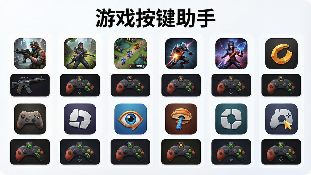 一张展示游戏按键助手多游戏适配功能的图片,画面中央是一个游戏图标网格,每个图标下方有对应的按键配置缩略图,图标包括射击游戏、MOBA游戏、动作游戏等类型,画面顶部有“游戏按键助手”标题,整体布局为网格排列,风格清新明亮,细节包括游戏图标和配置缩略图的对应关系,画质清晰,干净,无多余元素