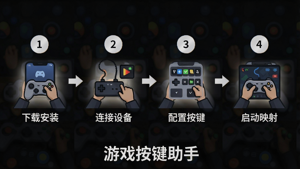 一张展示游戏按键助手使用流程的步骤图,画面分为四个步骤,第一步下载安装,第二步连接设备,第三步配置按键,第四步启动映射,每个步骤用图标和简短文字标注,画面底部有“游戏按键助手”文字标识,整体布局为横向流程图,风格简洁明了,细节包括步骤编号和箭头连接,画质清晰,干净,无多余元素