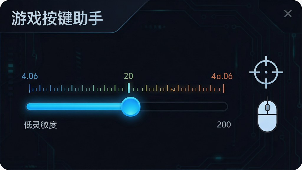 一张展示游戏按键助手灵敏度调节功能的图片,画面中是一个调节滑块界面,滑块从左到右标注了低灵敏度到高灵敏度的渐变刻度,背景为深色,滑块为亮蓝色,画面右侧有一个鼠标图标和瞄准准星图标,画面左上角有“游戏按键助手”文字,布局简洁,风格科技感,细节包括刻度线和数值标注,画质清晰,干净,无多余元素