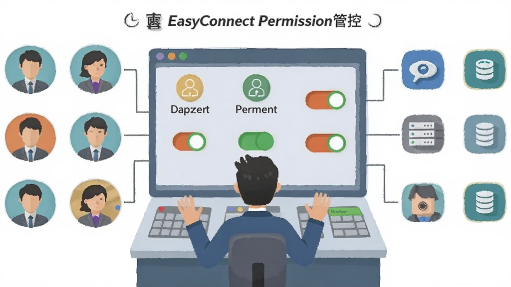 一幅展示EasyConnect权限管控概念的示意图,画面中央是一个管理员形象的人物站在控制面板前,面板上显示不同部门图标和权限开关,左侧是多个用户头像,右侧是各类应用系统图标,中间用线条连接表示权限分配关系,整体风格扁平化商务插画,画面干净,无多余元素,画质清晰