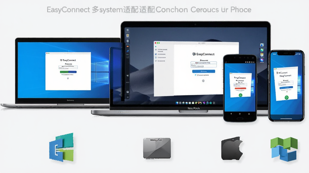 一幅展示EasyConnect多系统适配概念的图片,画面中并排展示四种设备:Windows笔记本、MacBook、安卓手机和iPhone,每个设备屏幕上都显示EasyConnect的登录界面,设备下方分别标注对应系统图标,背景为浅灰色简约风格,排版整齐,画面干净,画质清晰