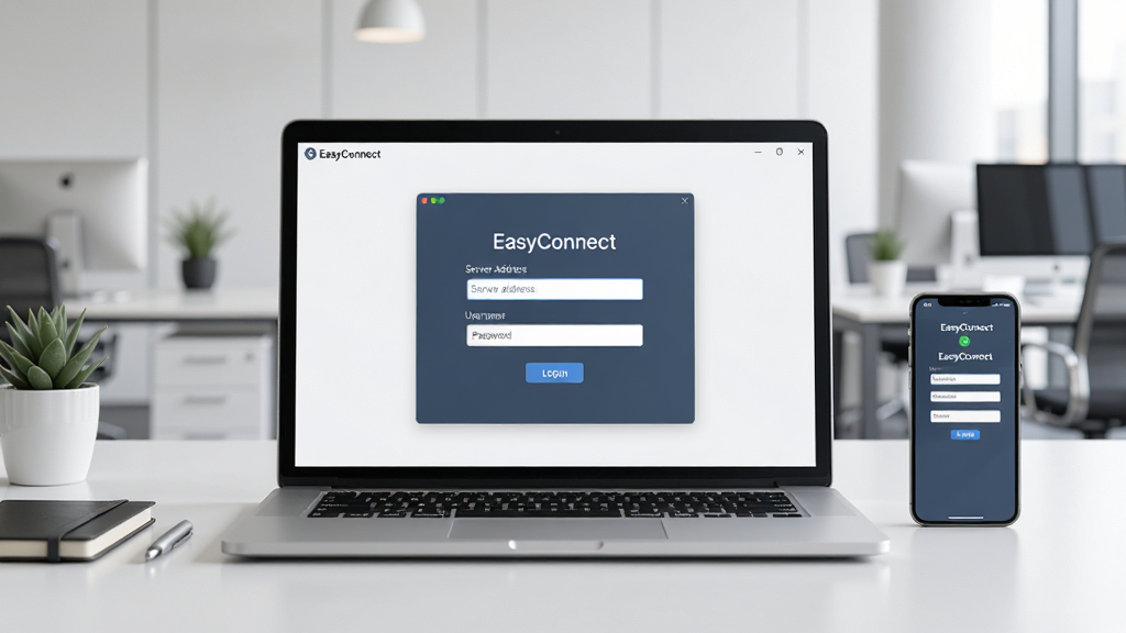一张展示EasyConnect软件核心全貌的场景图,画面中央是一台打开的笔记本电脑,屏幕上显示EasyConnect客户端登录界面,界面中有服务器地址输入框和用户名密码栏,背景是现代化企业办公环境,桌面整洁,旁边放着一部手机也显示着EasyConnect移动端界面,整体风格简约商务,画面干净清晰,无多余元素,画质细腻,适合软件下载站展示