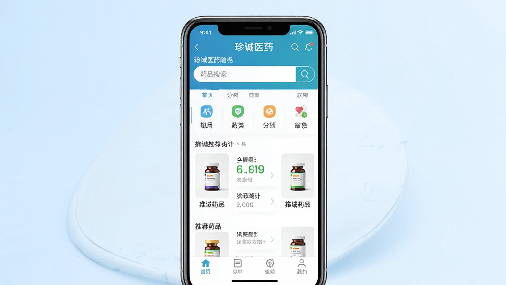 一张展示珍诚医药App核心界面的手机样机图,画面中央是一部竖屏智能手机,屏幕内显示珍诚医药首页,包含药品搜索框、分类导航图标、推荐药品列表和底部菜单栏,背景为干净的浅蓝色渐变,风格简洁现代,细节清晰,画质高清,干净无多余元素