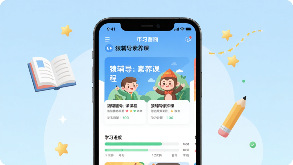 猿辅导素养课官方主界面展示图,画面中央为手机屏幕,屏幕内呈现猿辅导素养课APP首页,包含课程卡片、卡通插画与学习进度条,背景为浅蓝色渐变,布局简洁清晰,风格为扁平化教育插画风,细节包含书本、铅笔、星星等学习元素,画质高清,干净,无多余元素