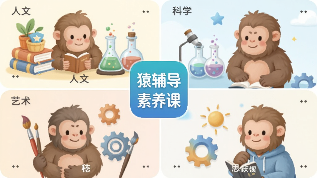 猿辅导素养课多元素养课程体系示意图,画面采用网格布局,四个象限分别展示人文、科学、艺术、思维主题插画,中心位置放置猿辅导素养课APP图标,风格为清新教育插画,色彩柔和,细节包含书籍、实验瓶、画笔、齿轮等元素,画质高清,干净,无多余元素