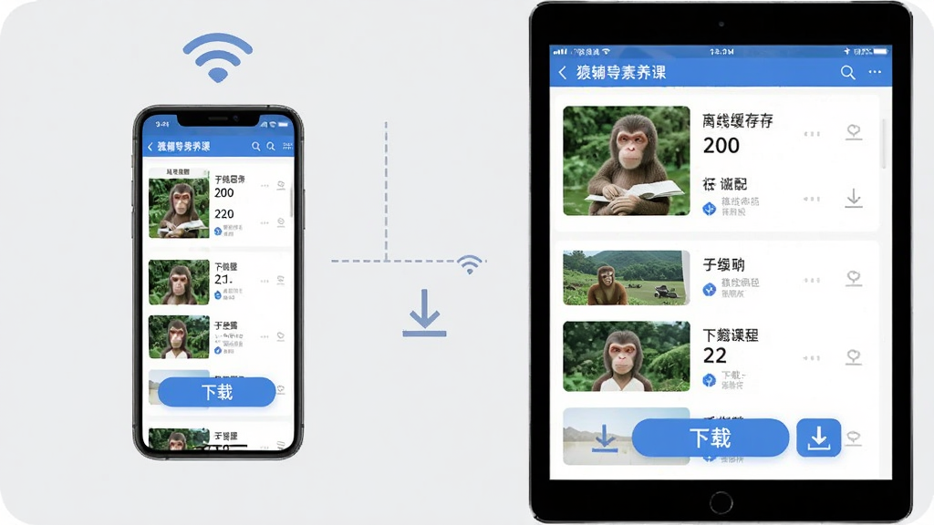 猿辅导素养课离线缓存与多端适配示意图,画面左侧为手机,右侧为平板,两者屏幕均显示猿辅导素养课课程列表与下载按钮,背景为浅灰色,布局对称,风格为科技简约,细节包含WiFi图标与下载箭头,画质高清,干净,无多余元素