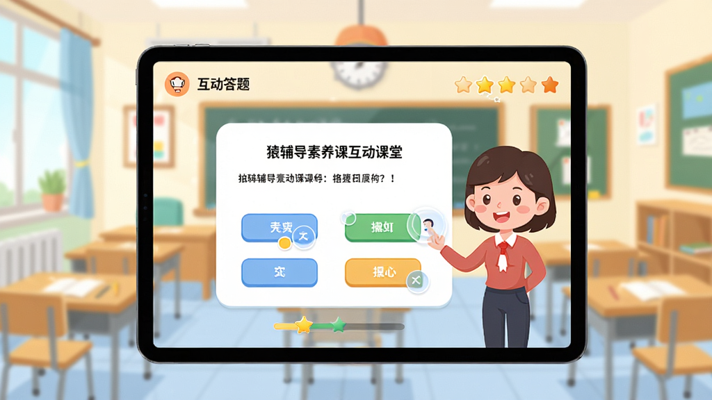 猿辅导素养课互动课堂界面展示图,画面为平板电脑横屏,屏幕内显示互动答题页面,包含题目、选项按钮与卡通老师形象,背景为明亮教室风格,布局清晰,风格为扁平插画,细节包含点击特效与进度星星,画质高清,干净,无多余元素