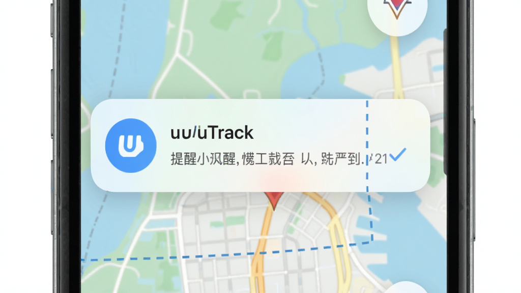 主体为手机屏幕弹出通知提醒界面,布局为通知卡片悬浮在地图上方,排版居中,风格为清爽的移动端UI设计,细节包括圆形图标、围栏虚线、提醒文字,画质清晰干净无多余元素,画面中出现文字“uTrack”