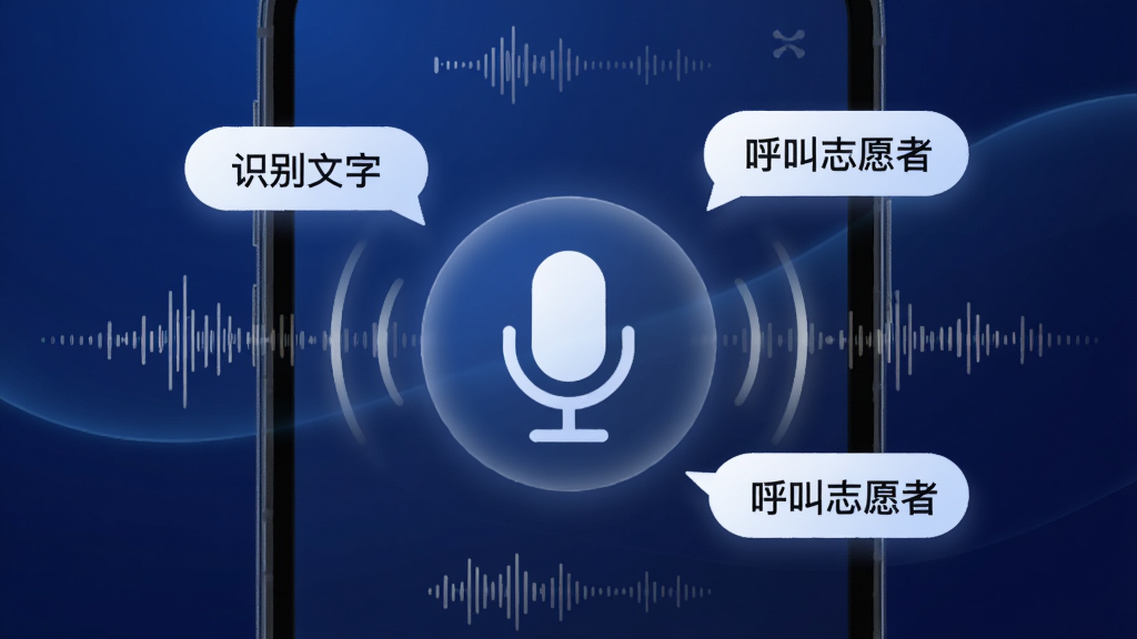 ����չʾ΢��ä�����ϰ������ƽ̨�������������棬�ֻ���Ļ������һ��������˷�ͼ�꣬��Χ������������ɢ����������ָ�����ݣ��硰ʶ�����֡�������־Ը�ߡ�������Ϊ����ɫ���䣬���Ϊ�ִ��Ƽ���UI�廭��ϸ�ڰ����������κ����Ч�������ʸ��壬���־��У��޶���Ԫ�ء�