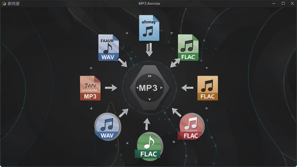 һ��չʾ����MP3��Ƶ��ʽת�������ʽ��ת���ܵ�ͼƬ������Ϊ��������������ʾ�����Ƶ��ʽͼ�껷�����У�����ΪԲ�η���״���Ű����룬���Ϊ��ƽ���Ƽ��У�ϸ�ڰ���MP3��WAV��FLAC�ȸ�ʽ��ʶ��˫���ͷ�������������ɾ����޶���Ԫ�ء�