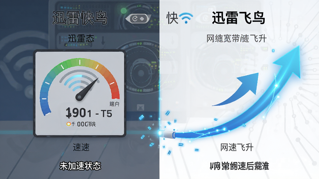 一张展示迅雷快鸟智能宽带提速功能的图片,主体为网络加速概念图,布局为左右分栏,左侧为未加速状态网速缓慢,右侧为加速后网速飞升,排版对比鲜明,风格为科技扁平化,细节包括速度数值对比、箭头指示、蓝色光效,画质高清,干净利落,无多余元素