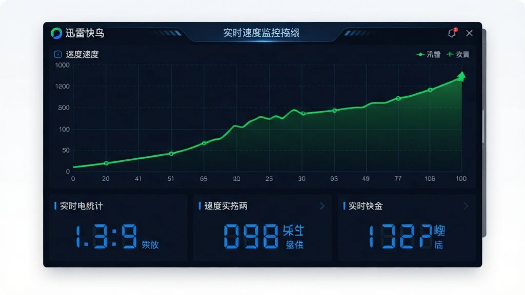 一张展示迅雷快鸟实时速度监控面板的图片,主体为数据仪表盘界面,布局为上下结构,上方为折线速度图,下方为数字统计,排版清晰,风格为数据可视化科技风,细节包括绿色上升曲线、蓝色数字、网格背景,画质高清,画面干净,无多余元素